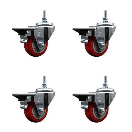 Service Caster 3 Inch Red Polyurethane 12 MM Threaded Stem Caster Set with Brake SCC-TS20S314-PPUB-RED-PLB-M1215-4